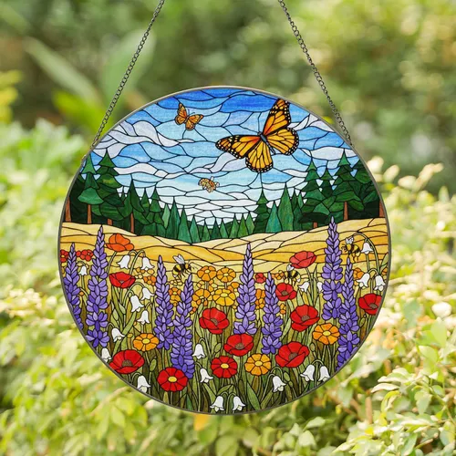 Monarch Butterfly Wildflower Meadow Purple Lupine Red Poppy Tiffany Stained Glass Art Stained Glass Suncatcher