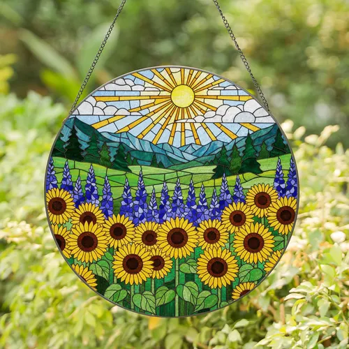 Stained Glass Sunflower Purple Flowers Mountain Sky Cloud Sun - Window Art Decor Stained Glass Suncatcher