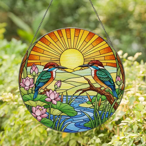 Kingfisher Birds Lotus Flowers Stained Glass Style Sun Mosaic - Intricate Nature Art Stained Glass Suncatcher