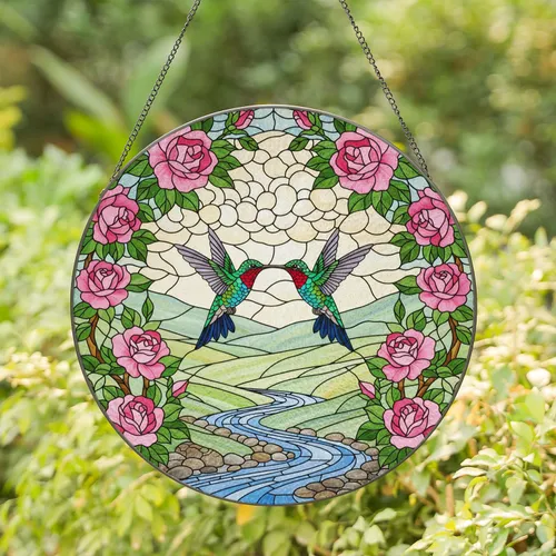Hummingbird Rose River Landscape - Tiffany Stained Glass Green Blue Pink Red Nature Decor Stained Glass Suncatcher