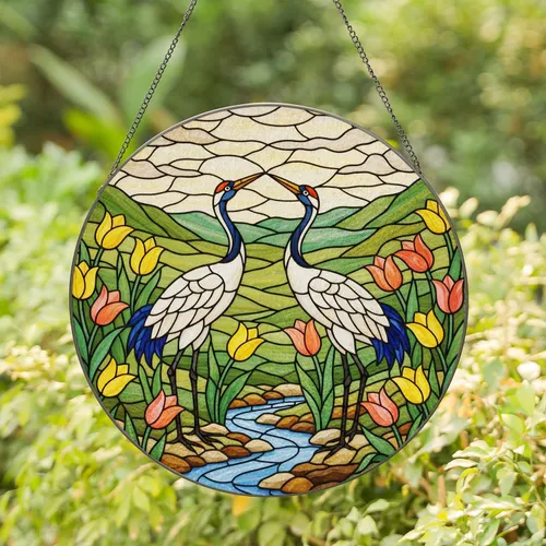Cranes Tulips Green Hills Stream Cloud Sky - Stained Glass Look Home Art Decor Stained Glass Suncatcher