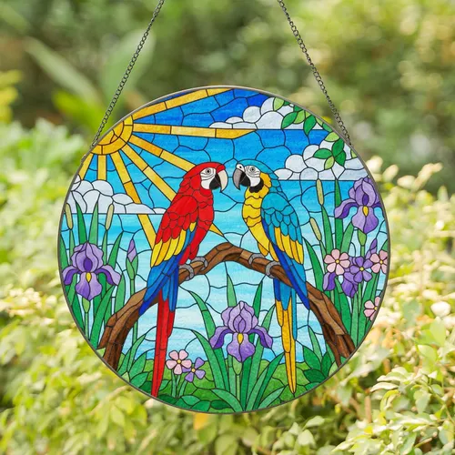 Stained Glass Macaw Birds, Irises, Sun & Sky - Tiffany Style Jewel Tone Tropical Art Stained Glass Suncatcher