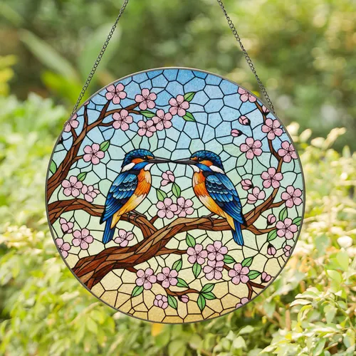 Two Kingfisher Birds Cherry Blossoms Tree Branch Tiffany Stained Glass Mosaic Art Stained Glass Suncatcher