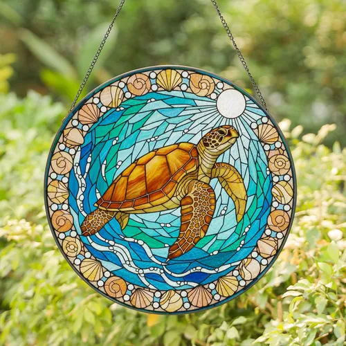 Mosaic Sea Turtle Stained Glass Ocean Seashells - Tiffany Glass Window Decor Art Stained Glass Suncatcher