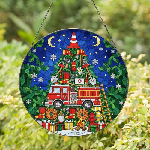 Stained Glass Firefighter Christmas Tree Holiday Winter Wonderland - Gift for Firefighters Stained Glass Suncatcher