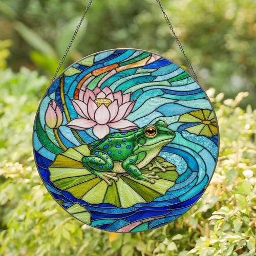 Vibrant Green Frog Orange Eyes Lily Pad Pink Lotus Aquatic Mosaic - Tiffany Style Glass Art Stained Glass Suncatcher