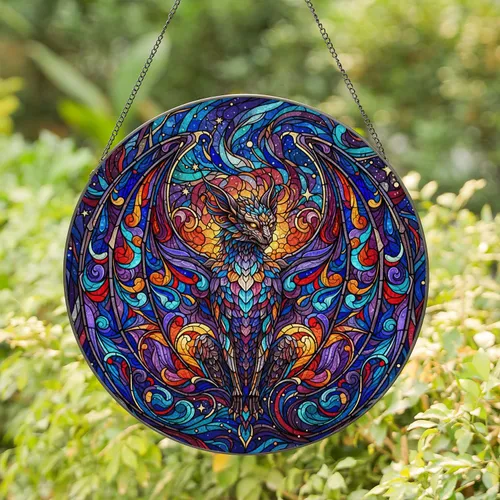 Majestic Fantasy Bat Gargoyle Stained Glass Cosmic Jewel Tones Window Art Home Decor Stained Glass Suncatcher