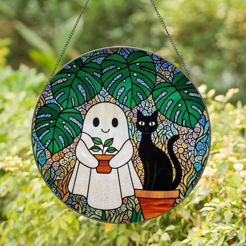 Stained Glass Ghost Black Cat Potted Plant Monstera Leaves Art - Home Decor Gift Stained Glass Suncatcher