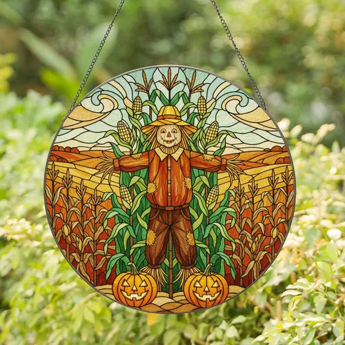Intricate Scarecrow Jack-o'-Lantern Stained Glass Autumn Cornfield - Fall Harvest Stained Glass Suncatcher