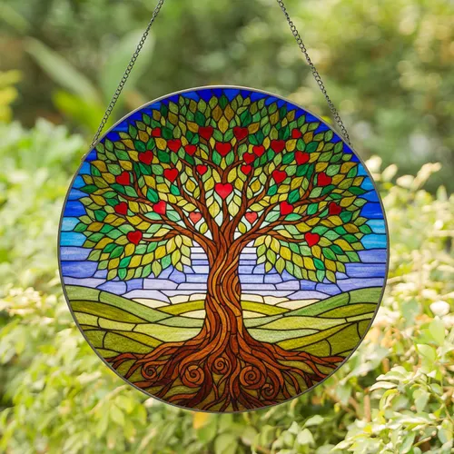 Tree of Life Heart Leaves - Tiffany Style Stained Glass Jewel Tone Mosaic Landscape Stained Glass Suncatcher