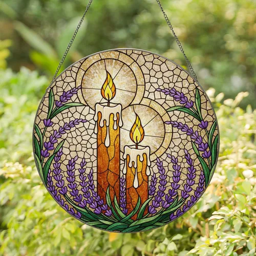 Glowing Candles Lavender Sprigs Melted Wax Tiffany Stained Glass Mosaic Art Jewel Tones Stained Glass Suncatcher