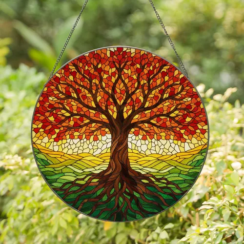 Tree of Life Stained Glass Mosaic Heart Leaves Intertwining Roots Undulating Landscape Stained Glass Suncatcher