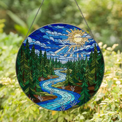 Tiffany Stained Glass Winding River Forest Golden Moonlit Sky Jewel Tone Art Stained Glass Suncatcher