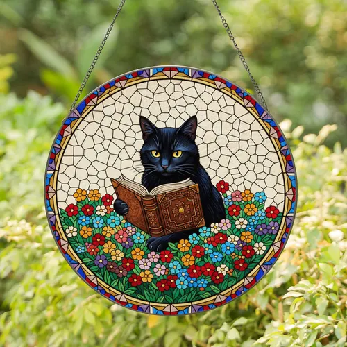 Black Cat Reading Book Stained Glass Window Art - Tiffany Jewel Tone Floral Mosaic Stained Glass Suncatcher