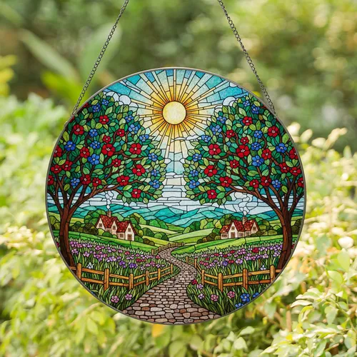 Winding Stone Path Lush Trees Red Roof Houses Rolling Hills Tiffany Glass Sun Rays Stained Glass Suncatcher