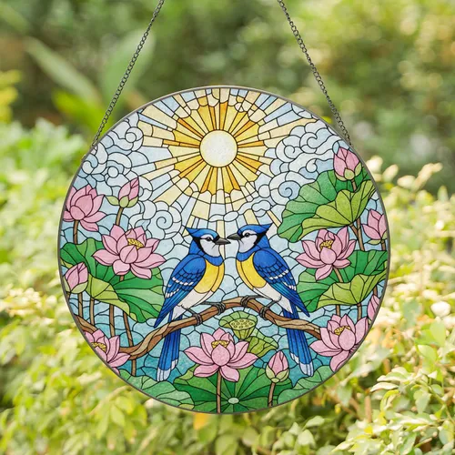 Two Blue Jays Pink Lotus Flowers Tiffany Stained Glass Radiant Sunburst Nature Art Stained Glass Suncatcher