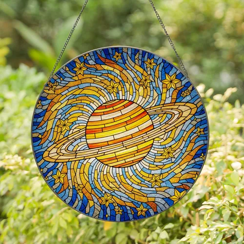 Saturn Planet Multi-Layered Rings Cosmic Nebula Deep Space Stars Tiffany Jewel Tones Stained Glass Suncatcher