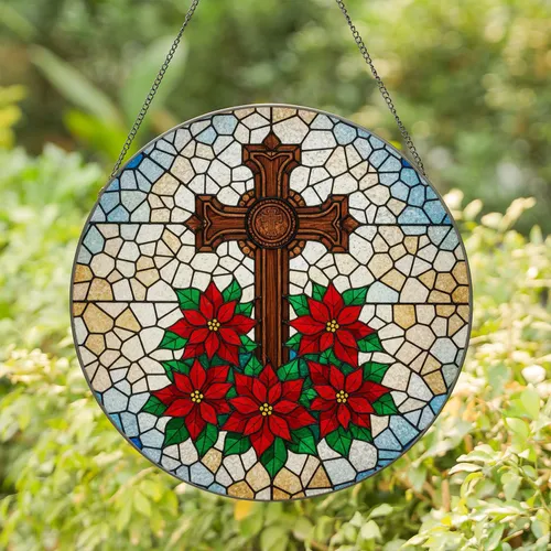 Wooden Cross Poinsettia Stained Glass Mosaic Tiffany Jewel Tone - Christmas Holiday Gift Stained Glass Suncatcher