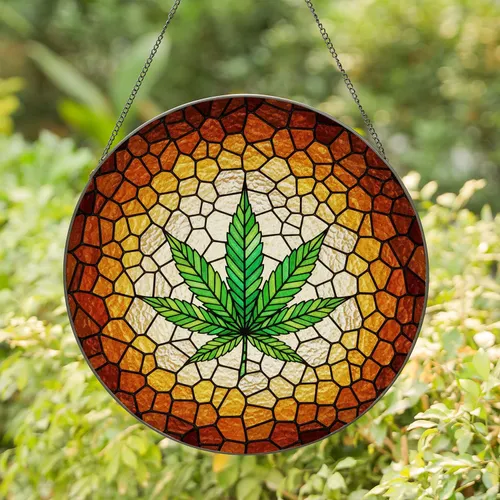 Multi-Lobed Cannabis Leaf Stained Glass Tiffany Style Mosaic Art Textured Glass Stained Glass Suncatcher