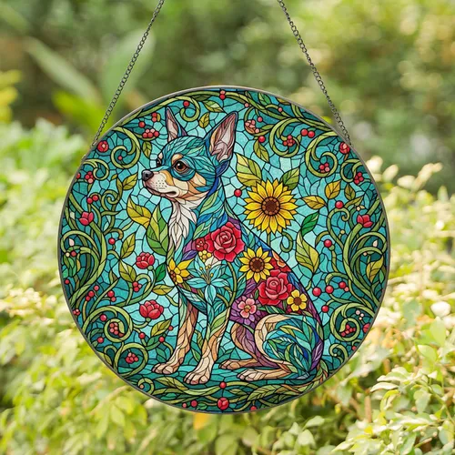 Sitting Chihuahua Dog Stained Glass Flowers Botanical Mosaic Intricate Tiffany Style Stained Glass Suncatcher