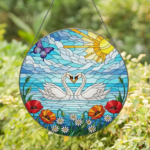 Swans Heart Red Poppies White Daisies Butterfly Sun Intricate Stained Glass Art Stained Glass Suncatcher