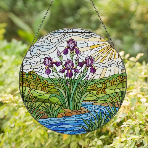 Purple Iris Flowers Blue River Tiffany Stained Glass Golden Sun Jewel Tone Design Stained Glass Suncatcher