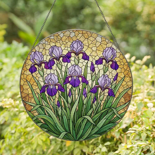 Vibrant Stained Glass Irises Tiffany Style Abstract Mosaic Art Glowing Jewel Tones Stained Glass Suncatcher