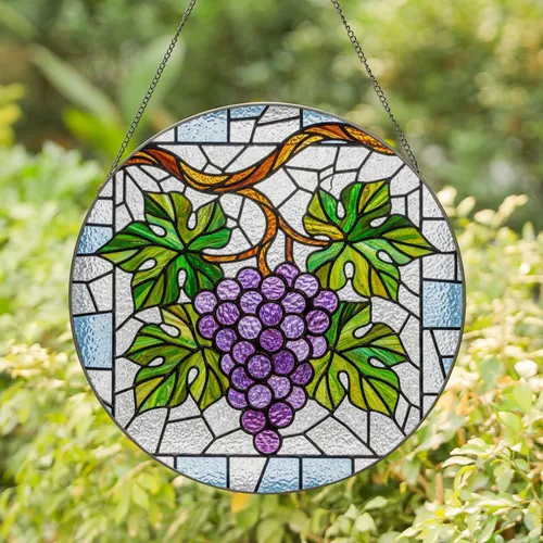 Deep Purple Grapes Stained Glass Vine Branch - Tiffany Style Mosaic Window Art Decor Stained Glass Suncatcher