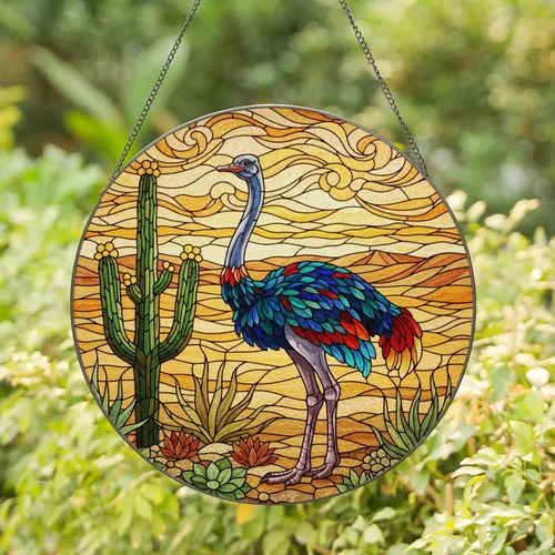 Majestic Ostrich Stained Glass Desert Landscape Saguaro Cactus Succulents Sand Dunes Stained Glass Suncatcher
