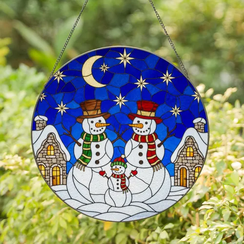 Family Snowmen Winter Night Sky Stained Glass - Snowy Cottages Holiday Home Decor Stained Glass Suncatcher