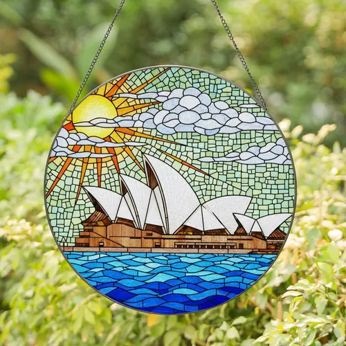 Sydney Opera House Stained Glass - Tiffany Style Sun Cloud Ocean Waves Intricate Jewel Tone Stained Glass Suncatcher