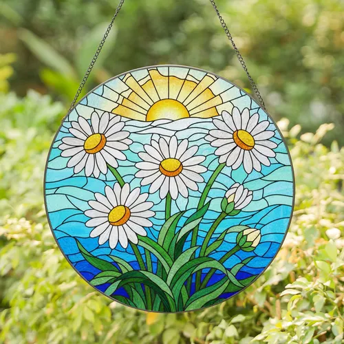 Five White Daisies Tiffany Stained Glass Mosaic Sun Art - Jewel Tone Floral Decor Gift Stained Glass Suncatcher