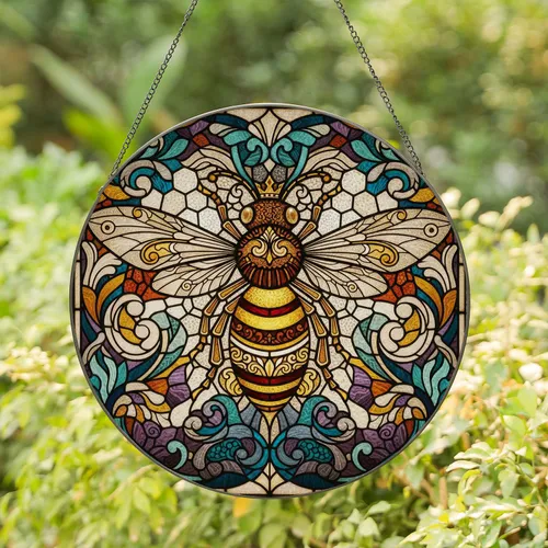 Intricate Tiffany Stained Glass Queen Bee - Jewel Tone Floral Honeycomb Mosaic Garden Art Stained Glass Suncatcher