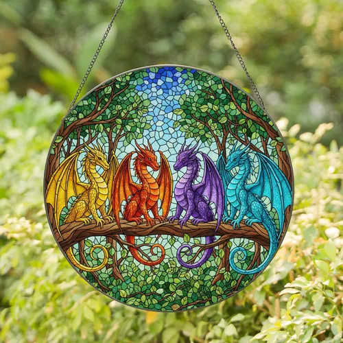 Stained Glass Dragons on Tree Branch - Golden Orange Purple Teal Fantasy Forest Art Stained Glass Suncatcher