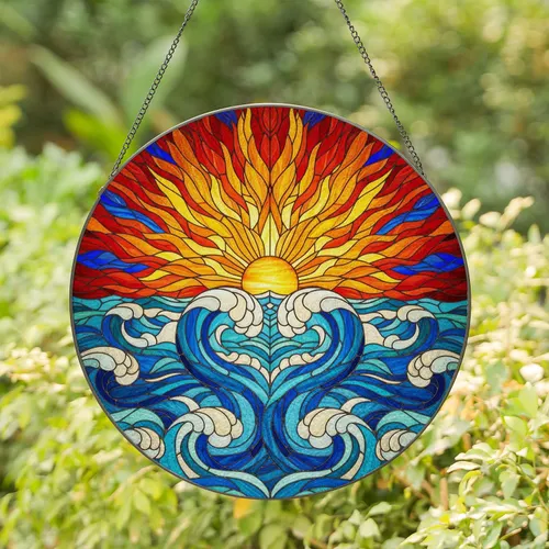 Radiant Heart Sun Ocean Waves Stained Glass Tiffany Style Jewel Tone Art Decor Stained Glass Suncatcher