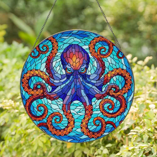 Stained Glass Octopus Tiffany Mosaic Ocean Water Design - Jewel Tone Aquatic Decor Stained Glass Suncatcher