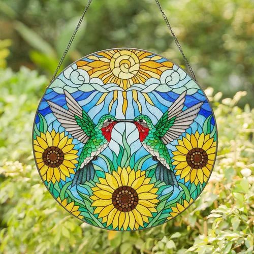 Ruby-throated Hummingbirds Sunflowers Stained Glass - Radiant Sun & Cloud Art Decor Stained Glass Suncatcher