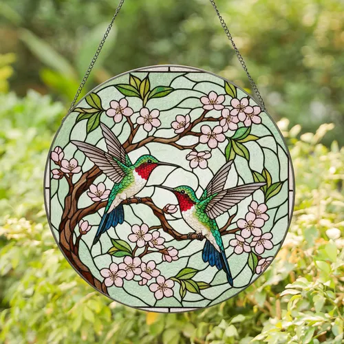 Two Hummingbirds Cherry Blossoms Gnarled Branch - Intricate Tiffany Look Nature Decor Garden Gift Stained Glass Suncatcher