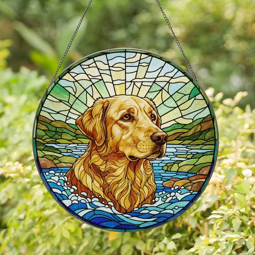 Golden Labrador Retriever Portrait Stained Glass Mosaic - Water Land Sky Jewel Tones Stained Glass Suncatcher