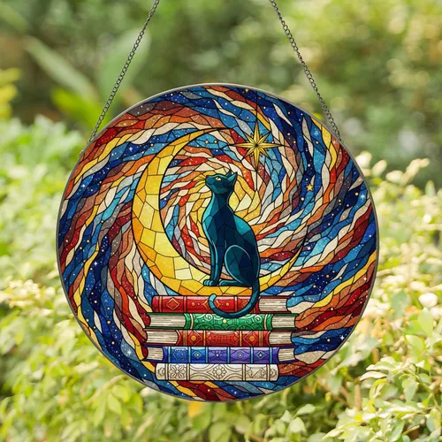 Black Cat Crescent Moon Star Books Cosmic Nebula Stained Glass Art Home Decor Gift Stained Glass Suncatcher