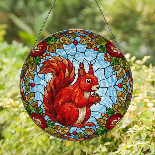 Intricate Red Squirrel Tiffany Stained Glass - Rose & Berry Jewel Tone Window Decor Stained Glass Suncatcher