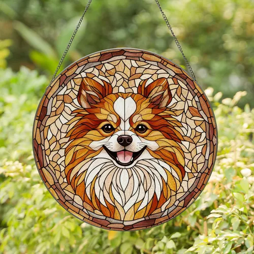 Fluffy Pomeranian Dog Stained Glass Mosaic Art - Tiffany Edge-to-Edge Intricate Swirls Stained Glass Suncatcher