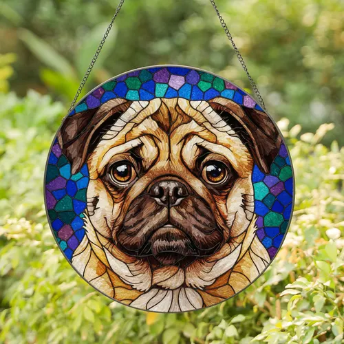 Pug Face Stained Glass Mosaic With Expressive Eyes - Tiffany Style Jewel Tone Art For Pug Lovers Stained Glass Suncatcher
