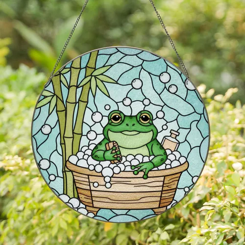 Plump Green Frog Bathtub Stained Glass - Tiffany Style Home Decor Gift for Frog Lovers Stained Glass Suncatcher