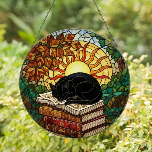Black Cat Sleeping on Books Stained Glass Autumn Sun Window Decor for Cat Lovers Stained Glass Suncatcher