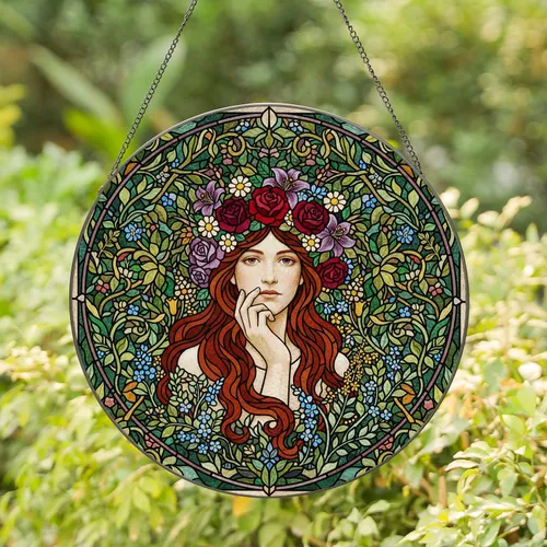 Highly Detailed Pensive Young Woman Floral Stained Glass Wreath - Secret Garden Mosaic Jewel Tones Stained Glass Suncatcher