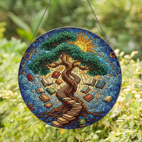 Gnarled Tree Stacked Books Sun - Intricate Stained Glass Mosaic with Colorful Books Stained Glass Suncatcher