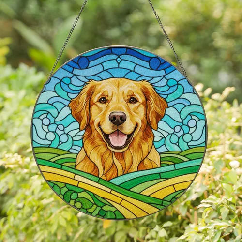 Friendly Golden Retriever Dog Stained Glass Art - Tiffany Style Mosaic Home Decor Gift Stained Glass Suncatcher