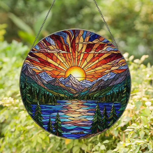 Tiffany Stained Glass Sun Mountain Lake Pine Trees Landscape Home Decor Gift Stained Glass Suncatcher