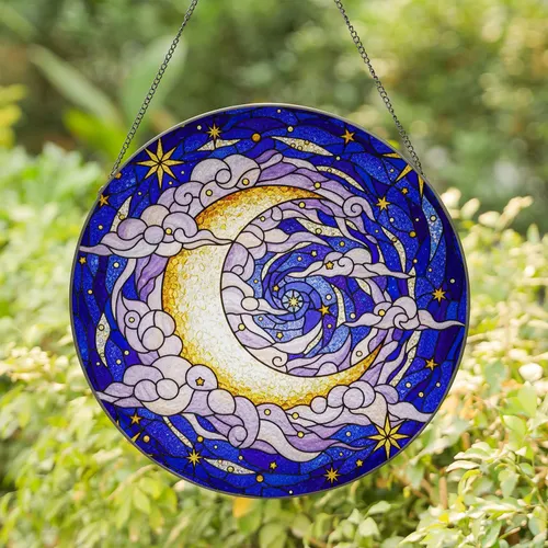 Golden Crescent Moon Cosmic Night Sky Starry Galaxy - Tiffany Style Stained Glass Art Decor Stained Glass Suncatcher